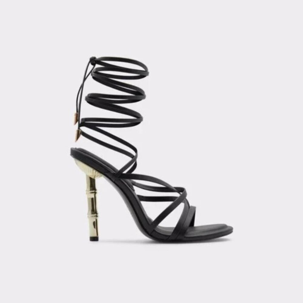 ALDO Bambo Gladiator Lace Up Black and Gold Stilettos  7